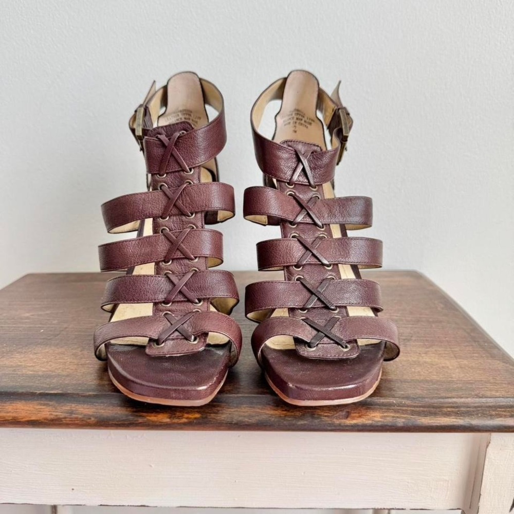 Chocolate brown strappy cut out heel size 7 leather gladiator peep‎ toe corset